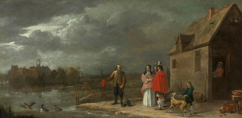 Rodzina stojąca na tle krajobrazu z domem otoczonym fosą w tle - David Teniers młodszy