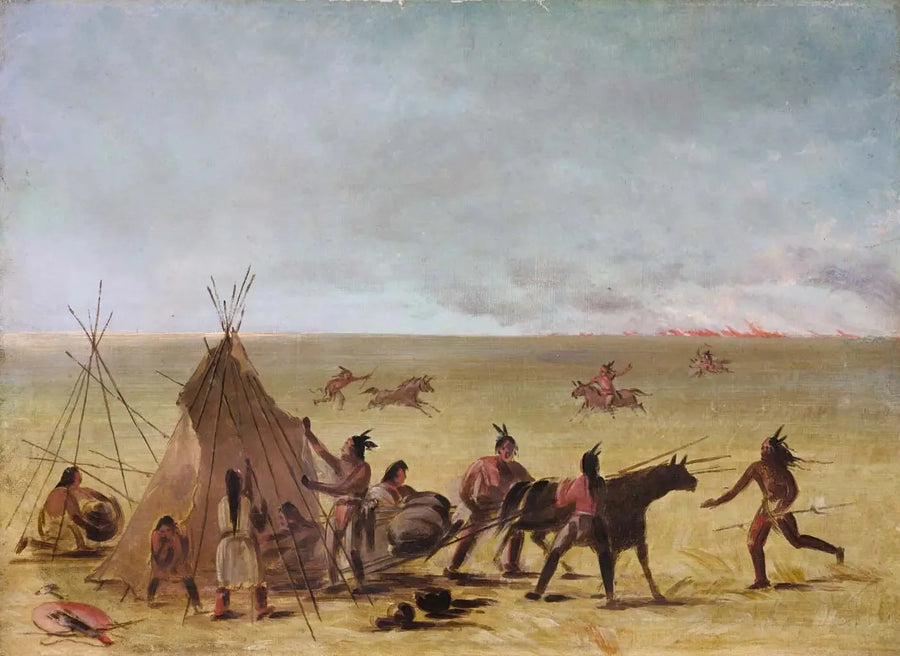 Indyjska rodzina zaniepokojona zbliżaniem się pożaru na preriach - George Catlin