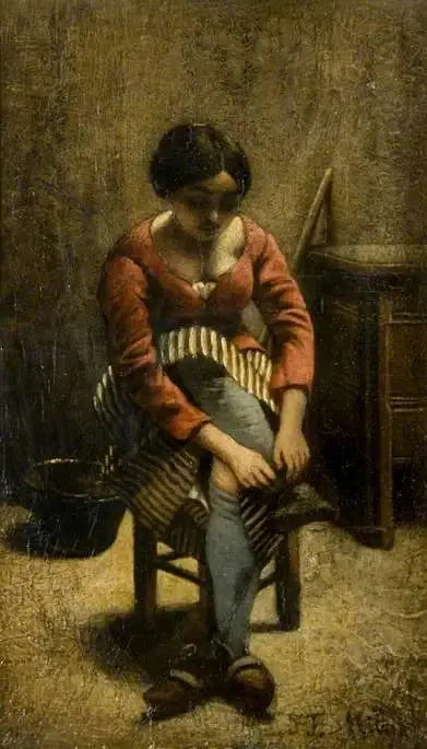 Kobieta poprawia swoją pończochę - Jean-François Millet