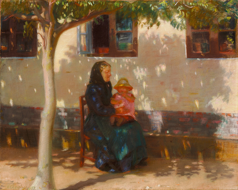 Kobieta ze Skagen siedząca z dzieckiem Helgą Ancher przed białym domem. - Anna Ancher