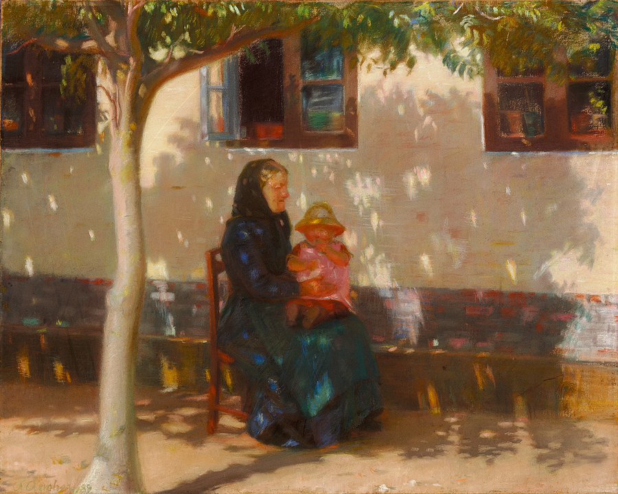 Kobieta ze Skagen siedząca z dzieckiem Helgą Ancher przed białym domem. - Anna Ancher
