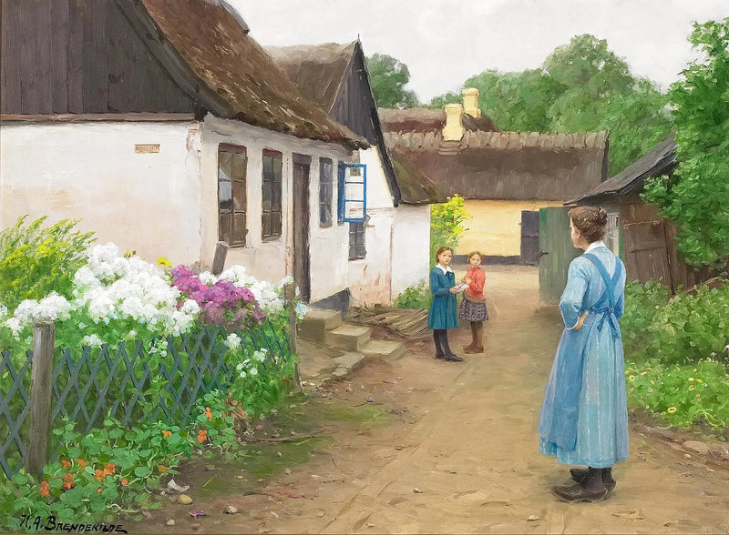 Kobieta i kilka dzieci na małej uliczce w wiosce. - H. A. Brendekilde