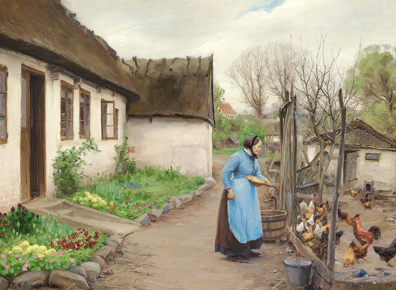 Kobieta karmiąca kury przed białą, wapienną farmą w jesienny dzień. - H. A. Brendekilde