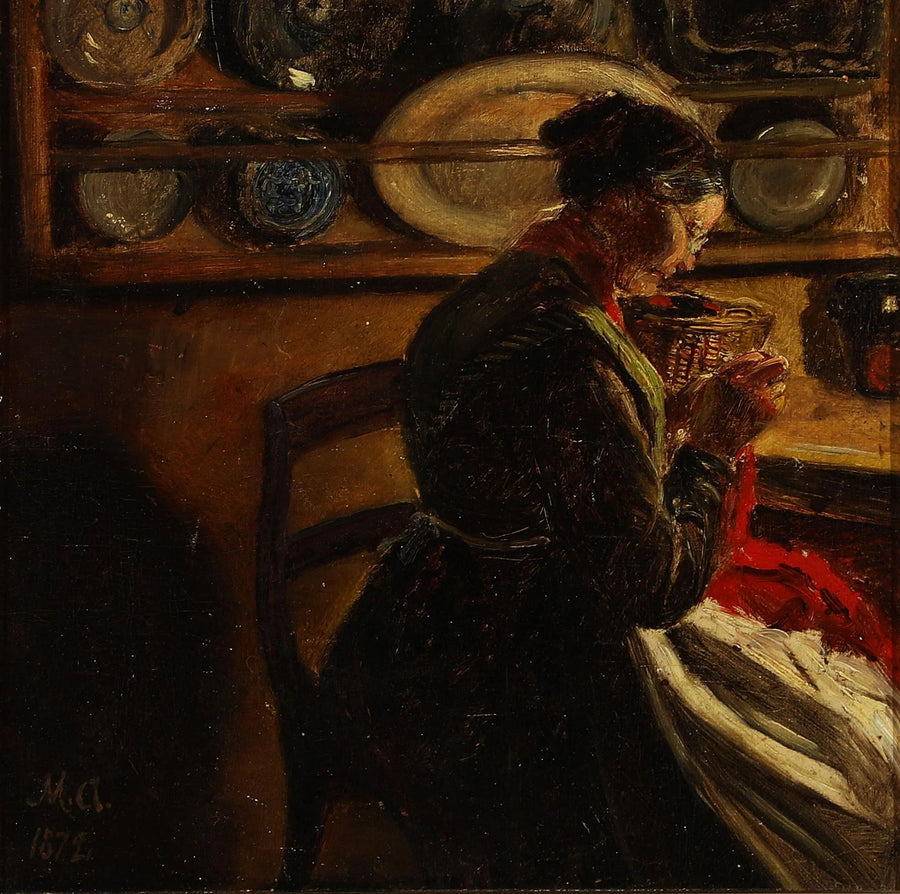 Kobieta dziergająca w kuchni. - Michael Peter Ancher