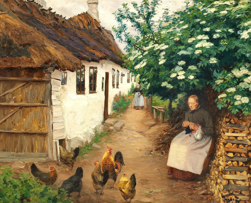 Kobieta dzierga przy starym domu. - H. A. Brendekilde