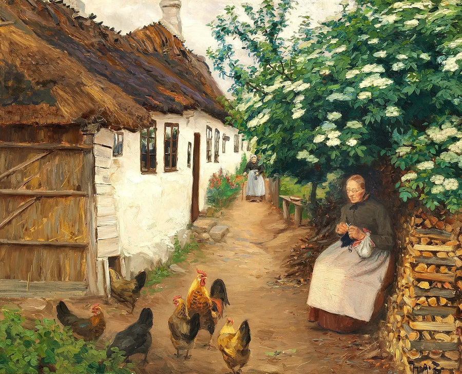 Kobieta dzierga przy starym domu. - H. A. Brendekilde