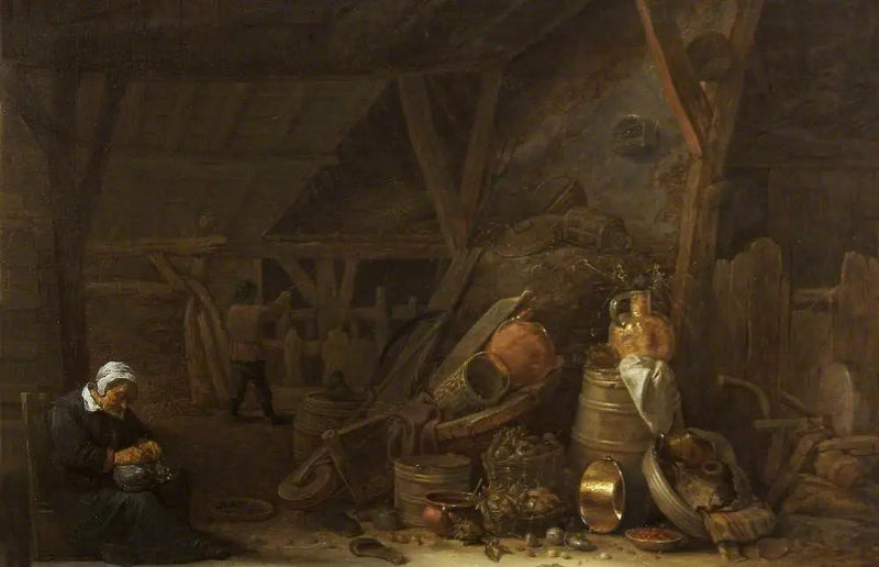 Stodoła z martwą naturą naczyń kuchennych i śpiącym kucharzem - David Teniers młodszy