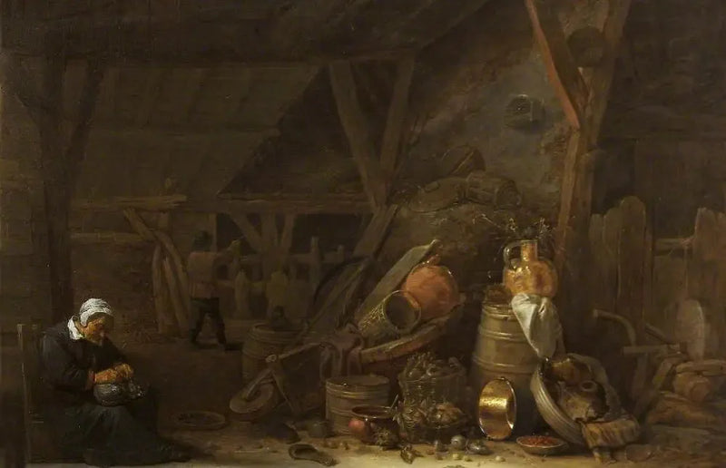 Stodoła z martwą naturą naczyń kuchennych i śpiącym kucharzem - David Teniers młodszy