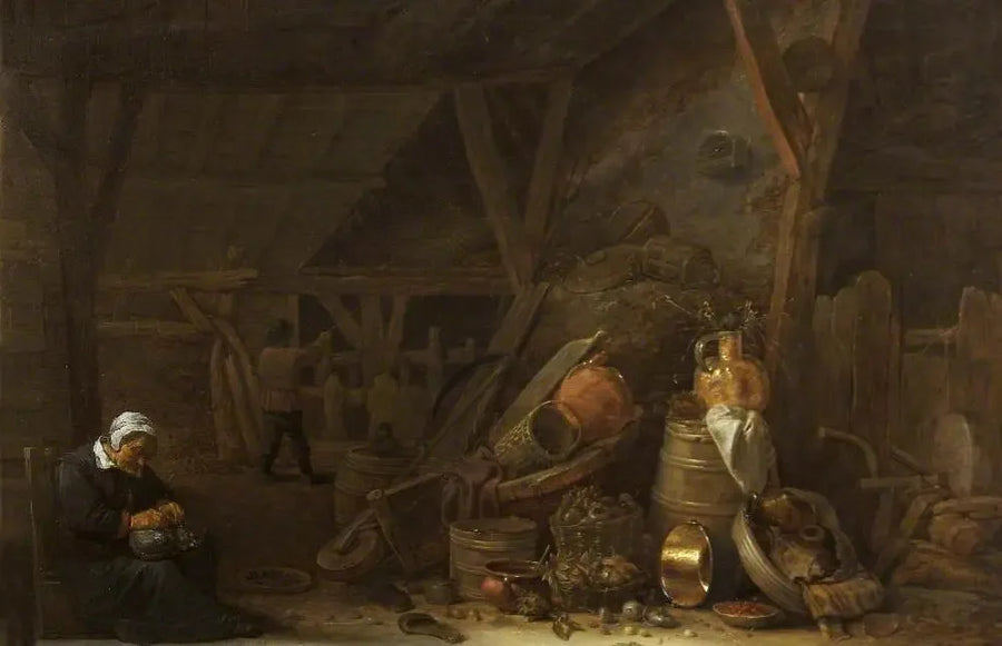 Stodoła z martwą naturą naczyń kuchennych i śpiącym kucharzem - David Teniers młodszy