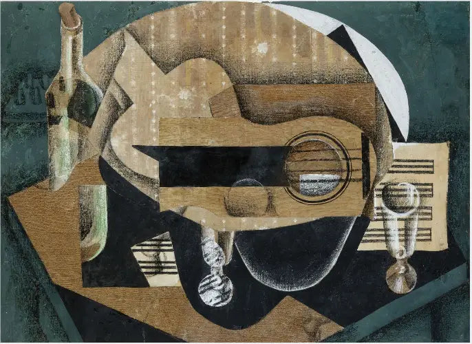 Gitara, kieliszki i butelka - Juan Gris