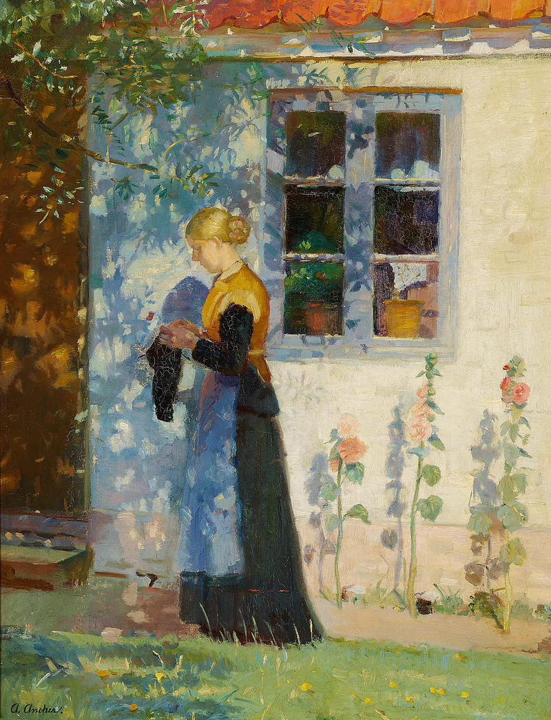 Młoda kobieta stojąca przed domem w Skagenie. - Anna Ancher