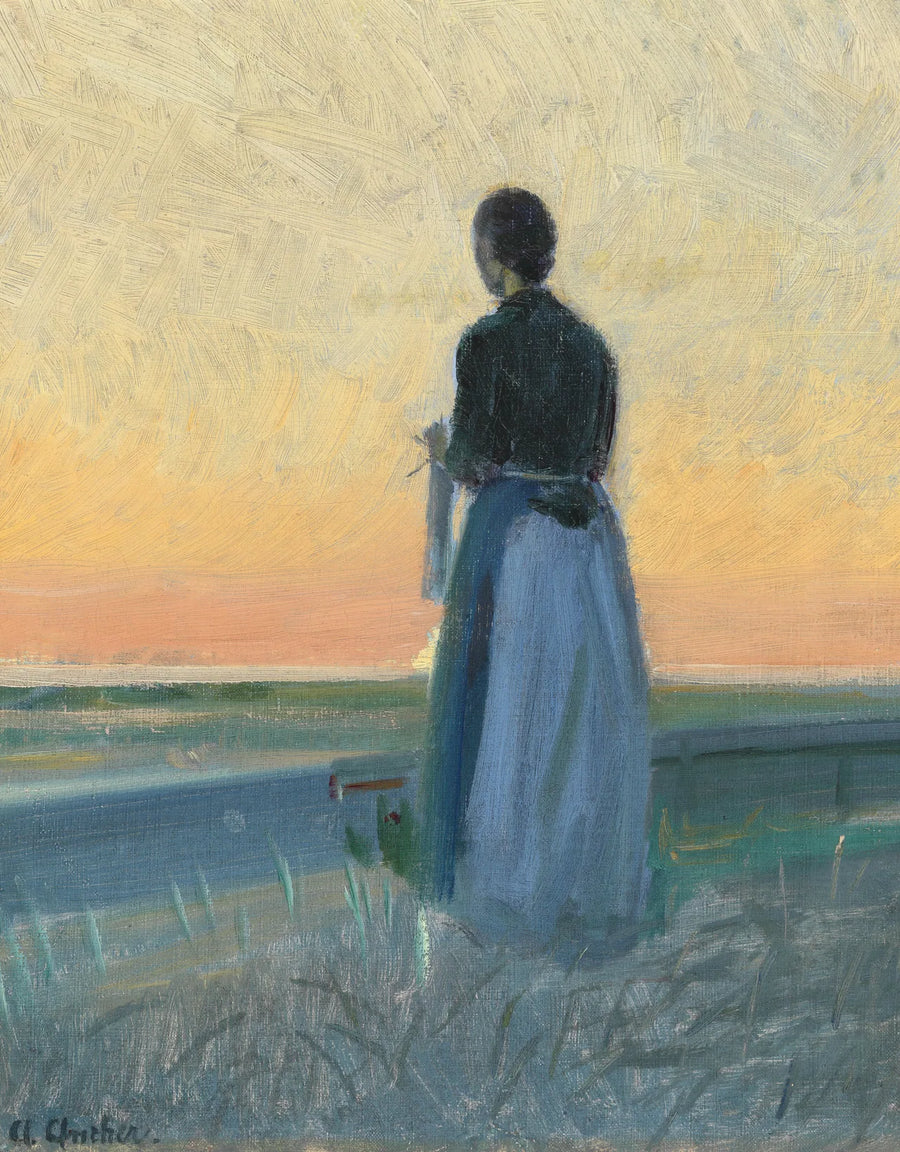 Młoda kobieta dziergająca na stojąco podczas zachodu słońca. - Anna Ancher