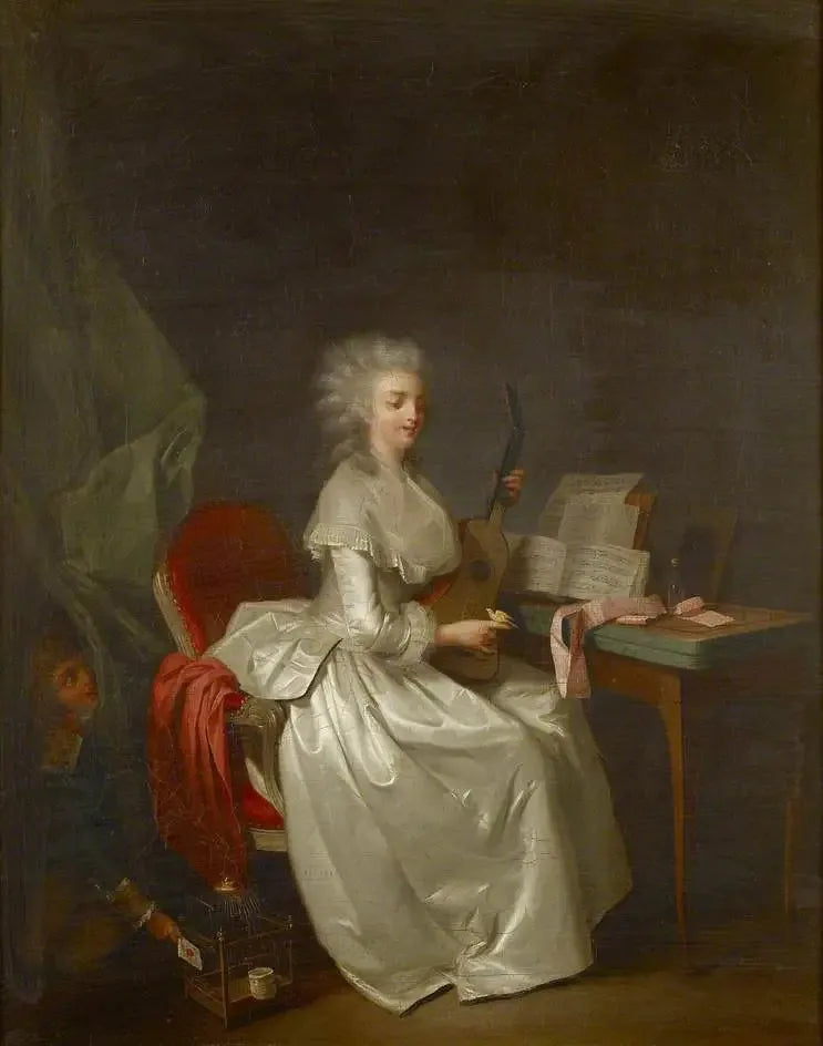 Młoda kobieta grająca na gitarze z śpiewającym ptakiem w ręku - Louis-Léopold Boilly