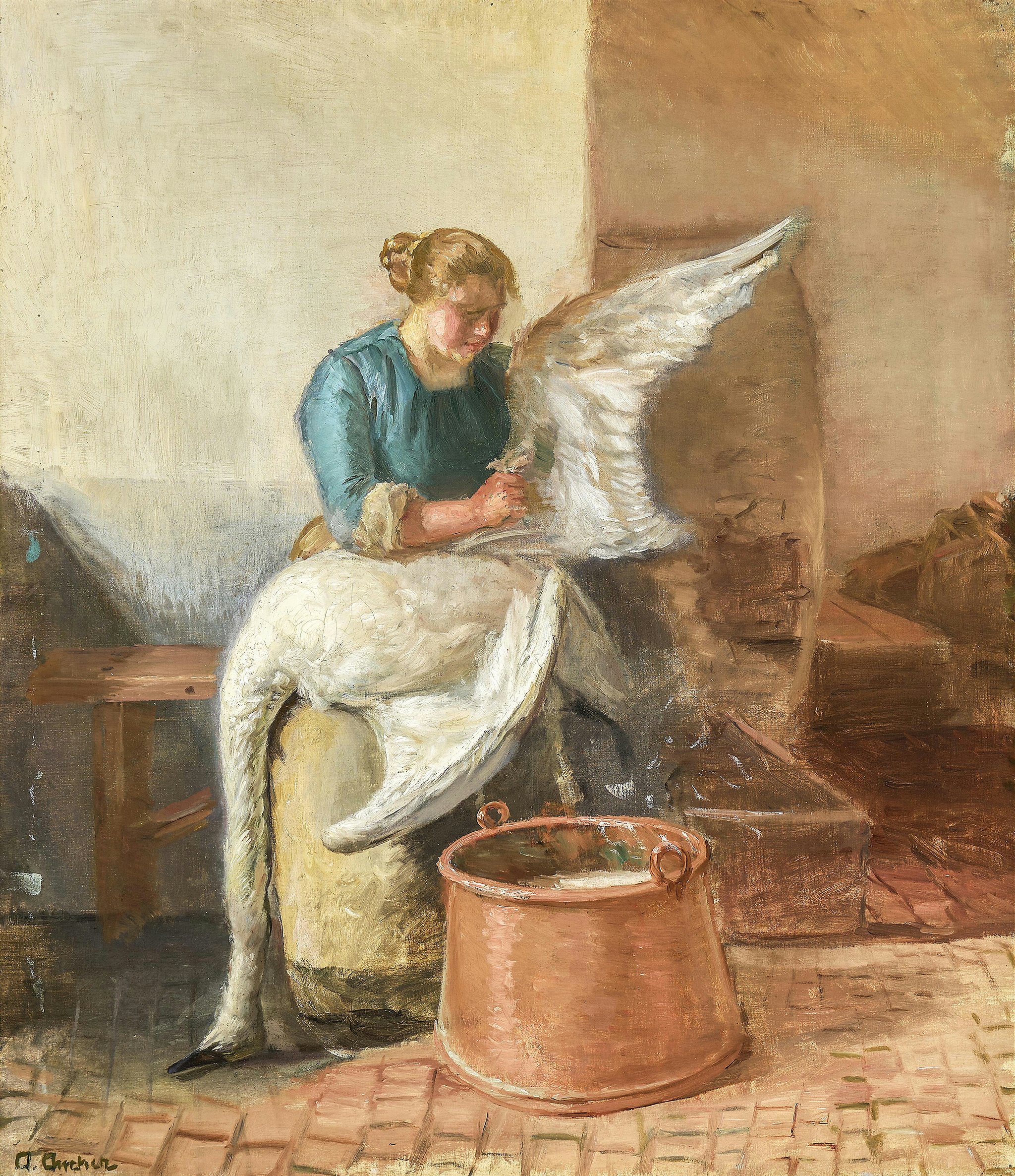 Une jeune femme plumant un cygne. - Anna Ancher image 1 reproduction artisanale de tableau