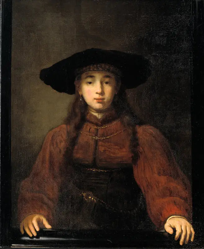 Młoda kobieta opierająca ręce na ramce zdjęcia - Rembrandt