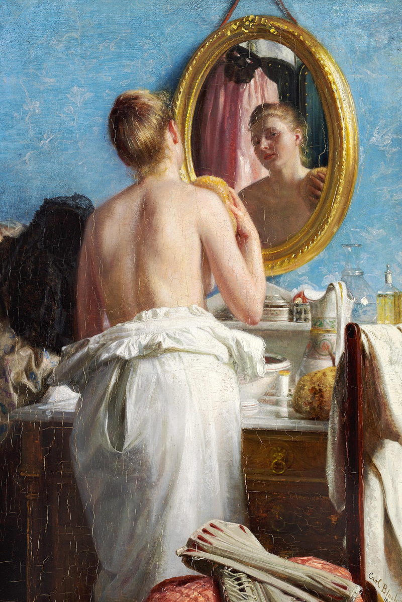 Młoda kobieta myje się przed karnawałem. - Carl Heinrich Bloch