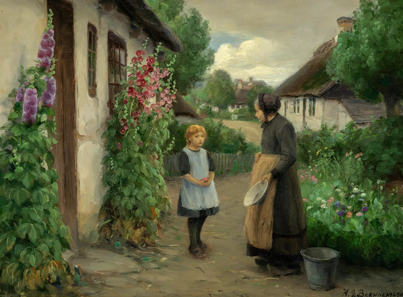 Letni dzień w wiosce z małą dziewczynką i starszą kobietą. - H. A. Brendekilde