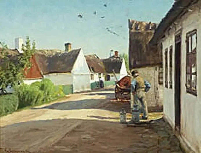 Letni dzień w wiosce z mężczyzną stojącym obok kilku kanistrów mleka. - H. A. Brendekilde