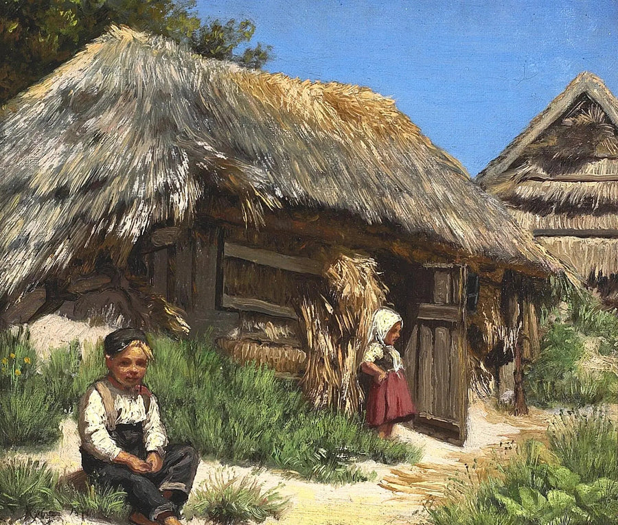 Dom z dachówką ze słomy. Letni dzień pod niebieskim i gorącym niebem. Zorganizowany z dwójką dzieci. - Peder Severin Krøyer