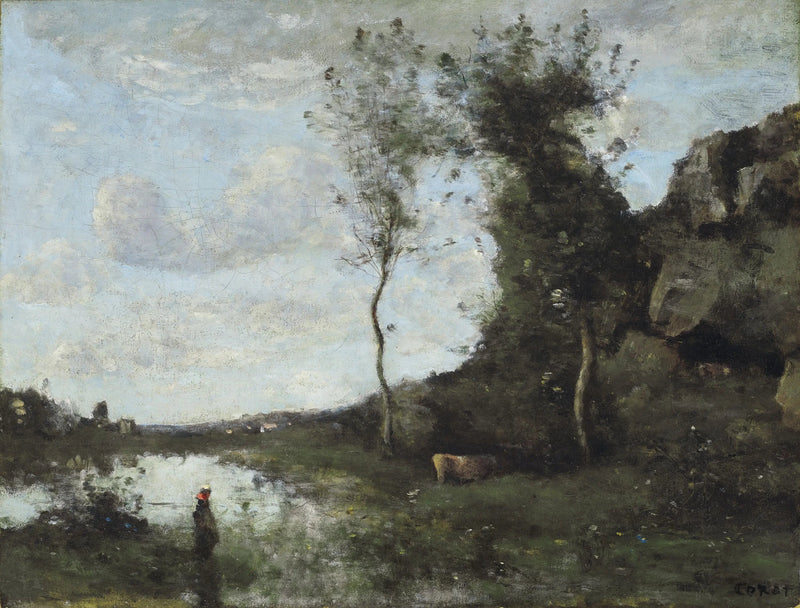 Wieśniaczka i jej krowa nad stawem z widokiem na wioskę - Jean-Baptiste Camille Corot