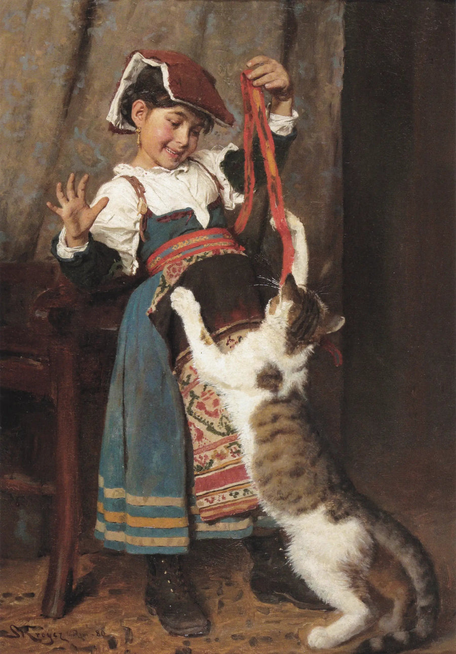 Mała dziewczynka w wiejskiej sukni, bawiąca się z kotem. - Peder Severin Krøyer
