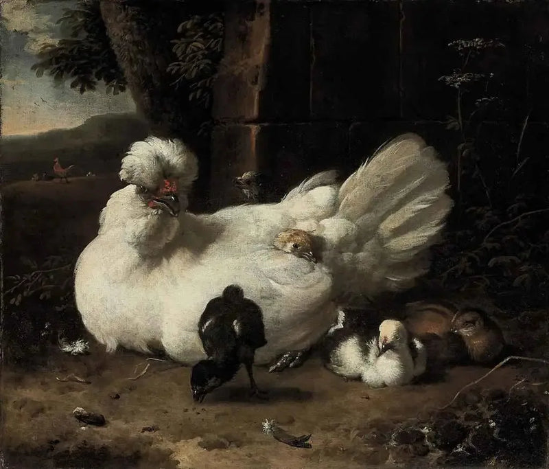 Kura z pisklętami na krajobrazie - Melchior de Hondecoeter