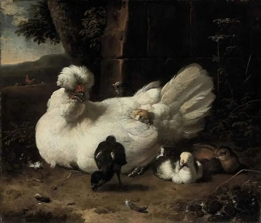 Kura z pisklętami na krajobrazie - Melchior de Hondecoeter