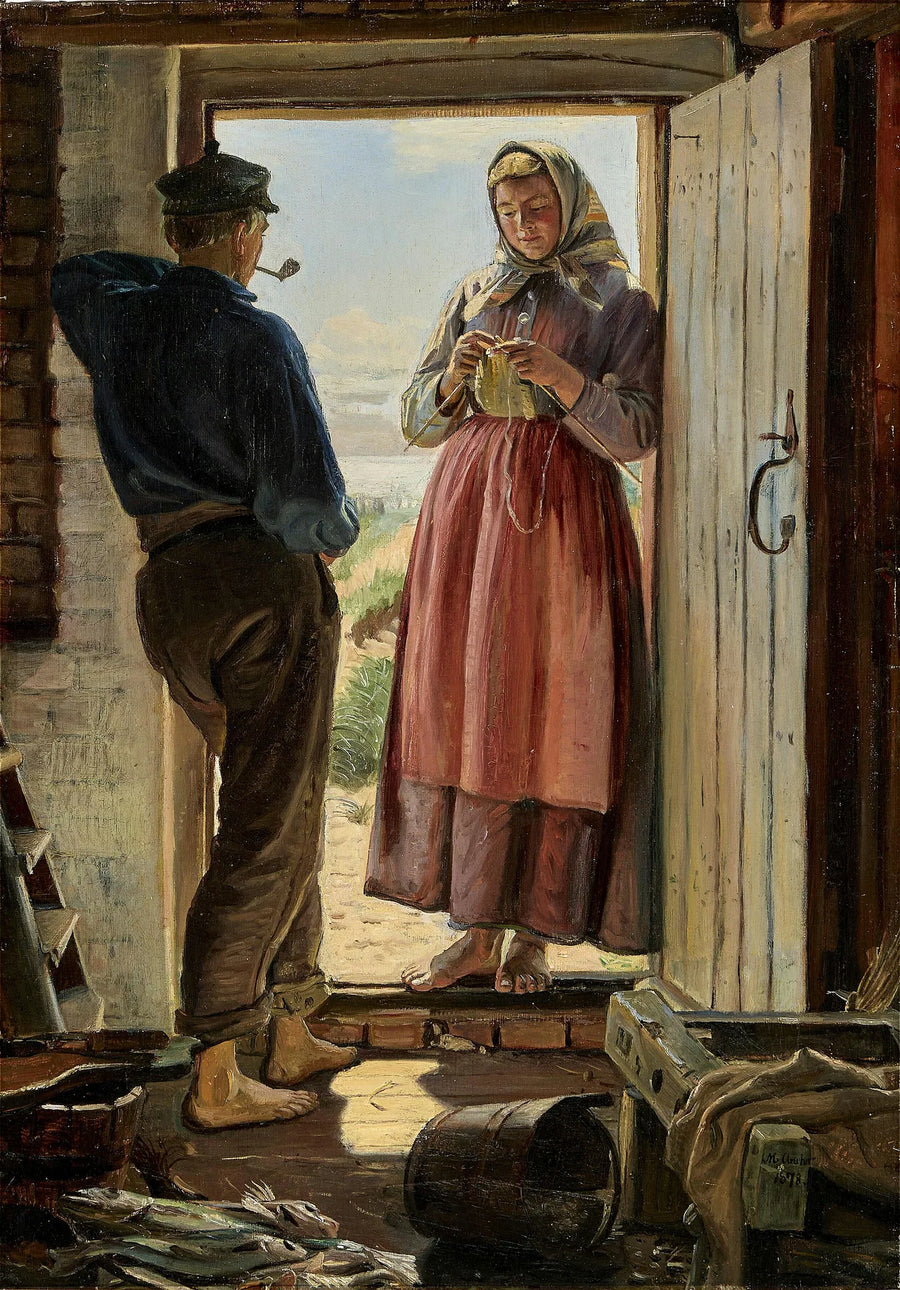Propozycja. Młody rybak i młoda kobieta dziergają w progu drzwi. - Michael Peter Ancher
