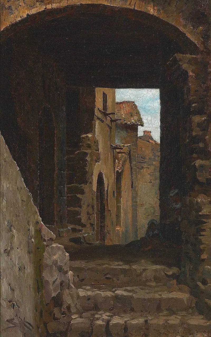 Wąska ulica z kobietą i dzieckiem w Torello, Ravello, Włochy. - Peder Severin Krøyer