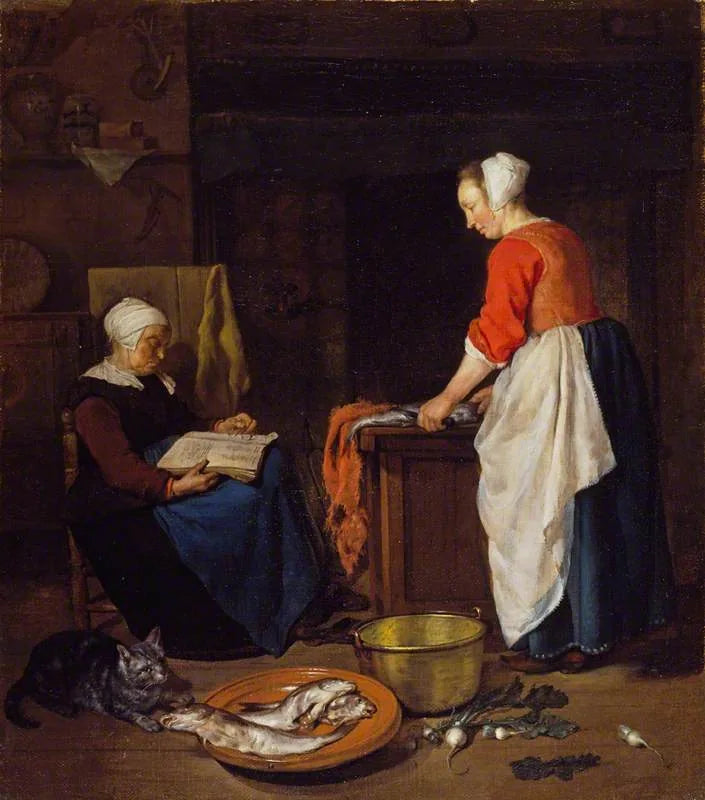 Une servante avec du poisson et une vieille femme endormie - Gabriel Metsu image 1 reproduction artisanale de tableau