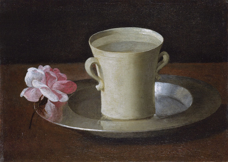 Filiżanka wody i róża na srebrnym tacy - Francisco de Zurbarán