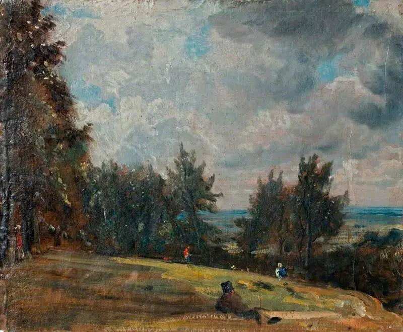 Widok na Hampstead z drzewami i postaciami - John Constable