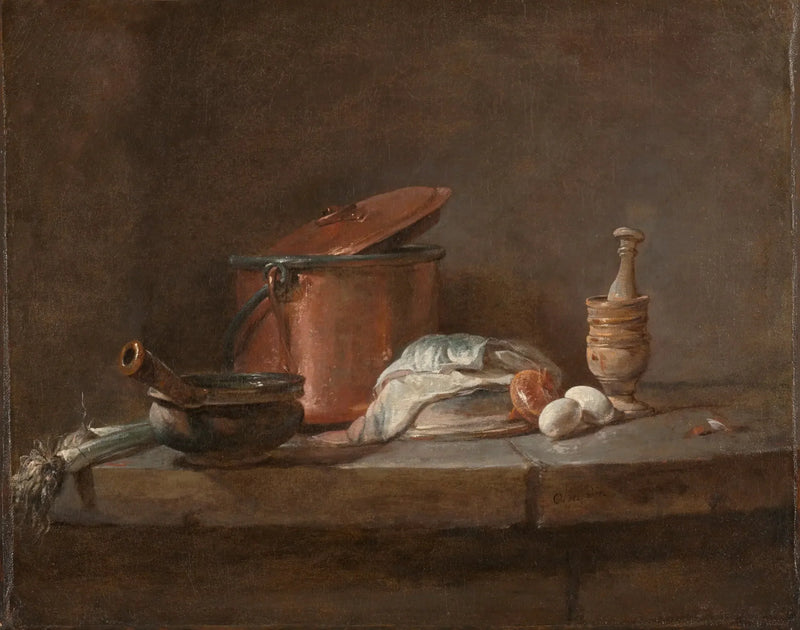 Narzędzia kuchenne z porami, rybami i jajkami - Jean Simeón Chardin