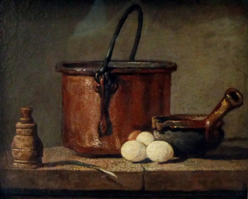 Naczynia kuchenne, garnek, patelnia i jajka - Jean Simeón Chardin