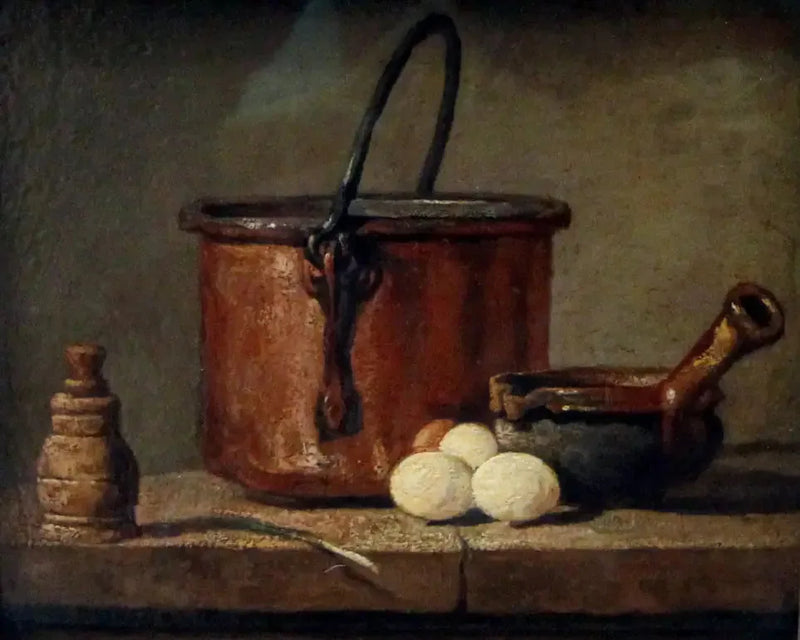 Naczynia kuchenne, garnek, patelnia i jajka - Jean Simeón Chardin