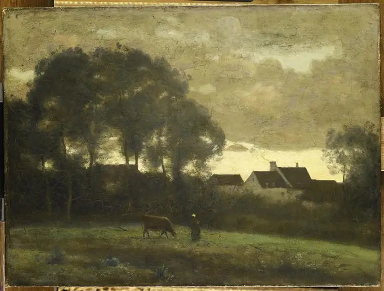 Vachère na łące przy zachodzie słońca - Jean-Baptiste Camille Corot