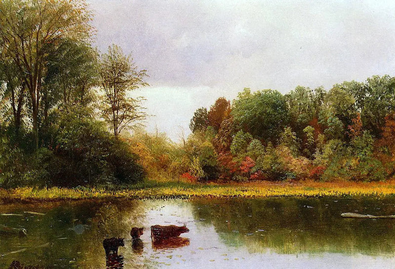 Krowy pijące wodę w krajobrazie - Albert Bierstadt