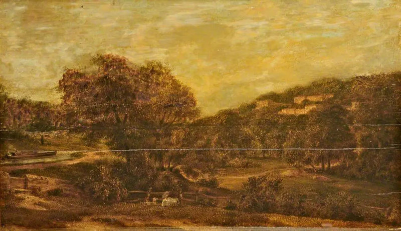 Zalesiona dolina z potokiem i domami na zboczu wzgórza - John Constable