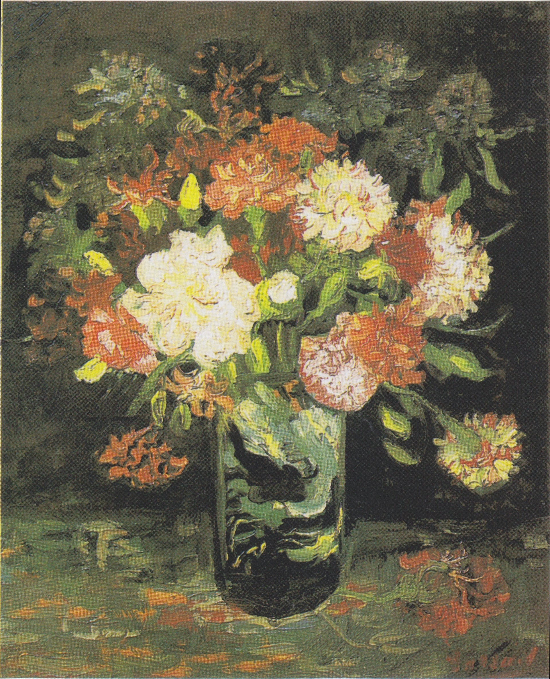 Vase avec œillets F245 — bouquet rouge, blanc et jaune peint par Vincent van Gogh sur un fond sombre