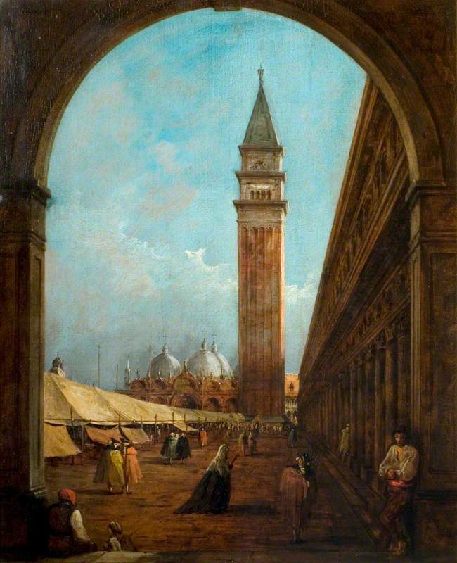 Wenecja: targ na placu św. Marka widziany przez łuk na południowym zachodzie - Francesco Guardi