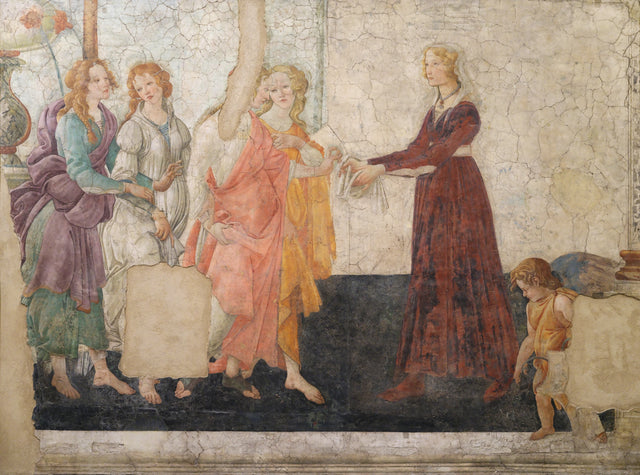 Wenus i trzy Łaski ofiarowujące prezenty młodej dziewczynie, około 1483-1486 - Botticelli