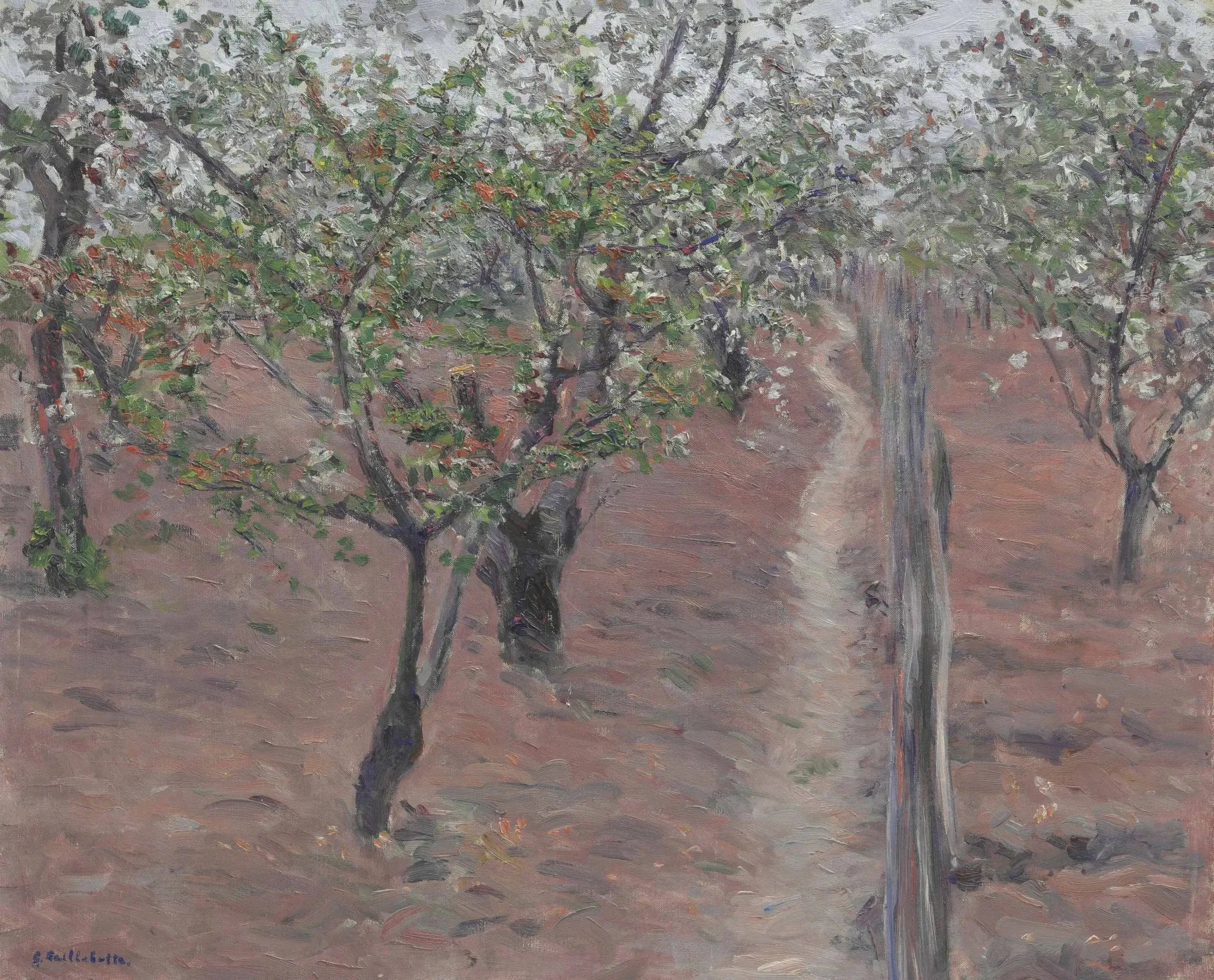Reproduction du tableau « Verger, arbres en fleurs, Petit Gennevilliers - Gustave Caillebotte » par Alpha Reproduction en peinture à l’huile