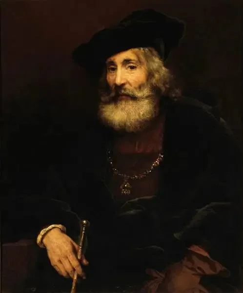 Stary mężczyzna siedzący z laską w fantazyjnym kostiumie - Rembrandt