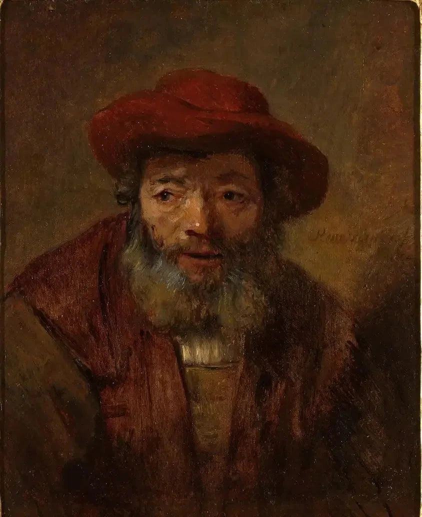 Portret starego mężczyzny z brodą i czerwoną czapką - Rembrandt