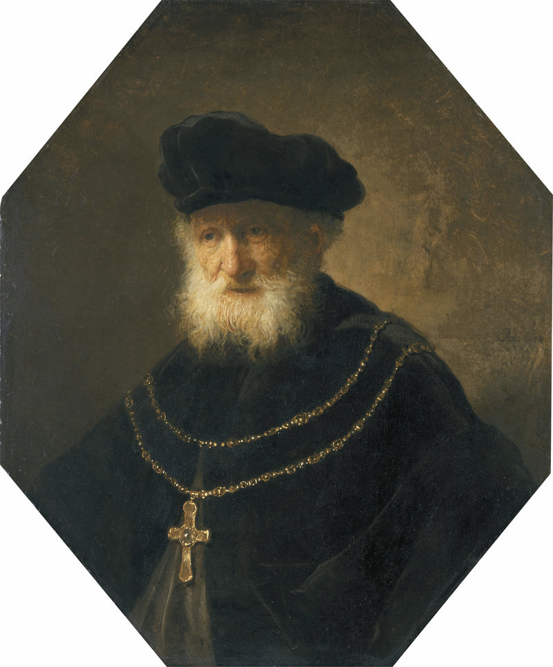 Popiersie mężczyzny noszącego złoty łańcuch z krzyżem - Rembrandt