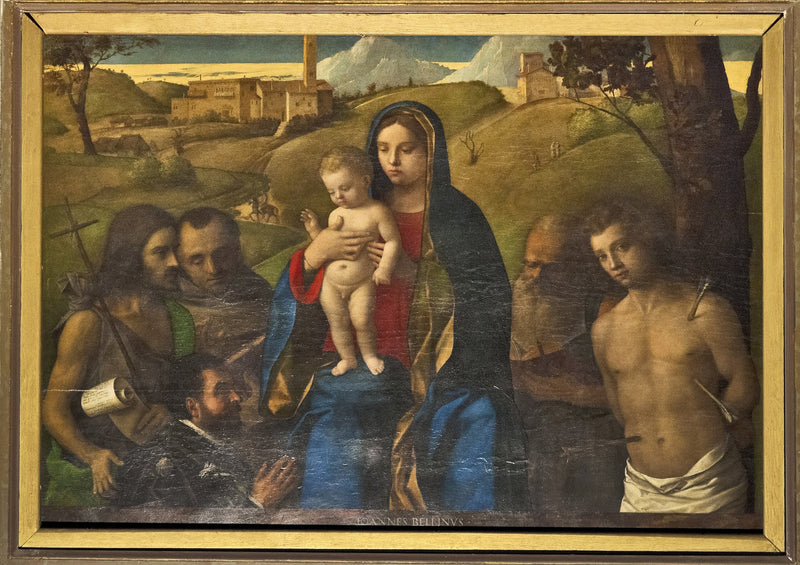 Dziewica z Dzieciątkiem z czterema świętymi (Jan Chrzciciel, Franciszek, Hieronim i Sebastian (od lewej do prawej)) oraz Fundator - Giovanni Bellini
