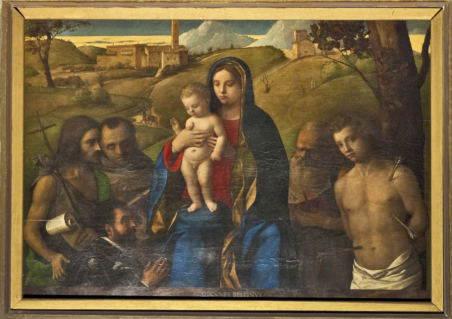 Dziewica z Dzieciątkiem z czterema świętymi (Jan Chrzciciel, Franciszek, Hieronim i Sebastian (od lewej do prawej)) oraz Fundator - Giovanni Bellini