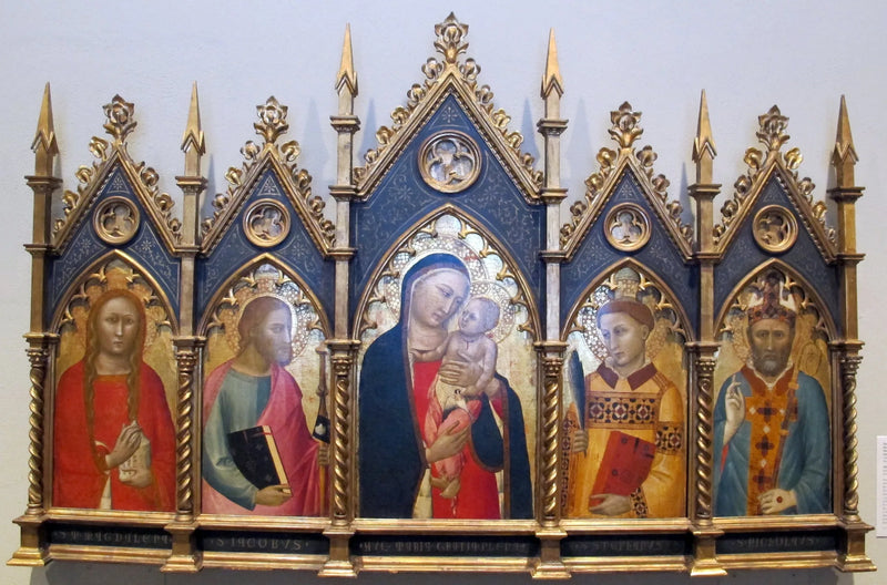 Dziewica z Dzieciątkiem, z świętą Marią Magdaleną, świętym Jakubem Starszym, świętym Stefanem i biskupem. - Allegretto Nuzi