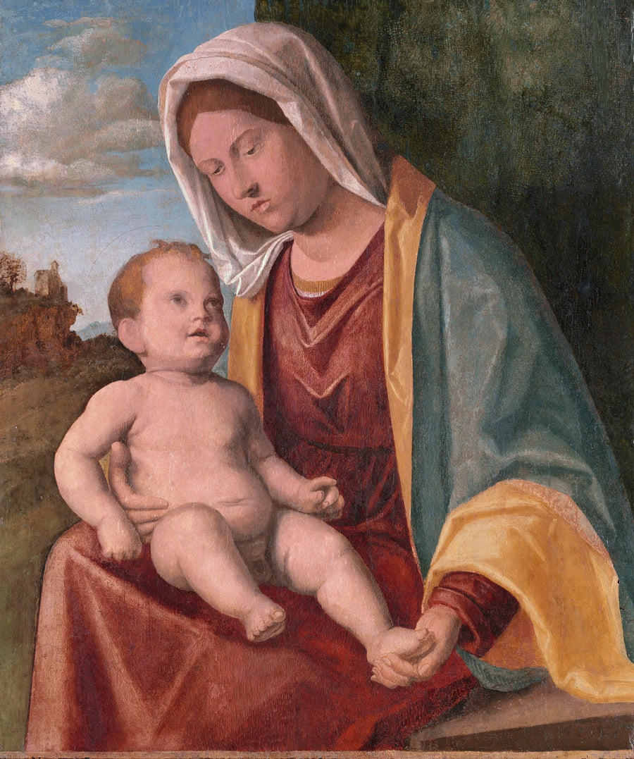 Dziewica z Dzieciątkiem przed pejzażem w draperii - Cima da Conegliano