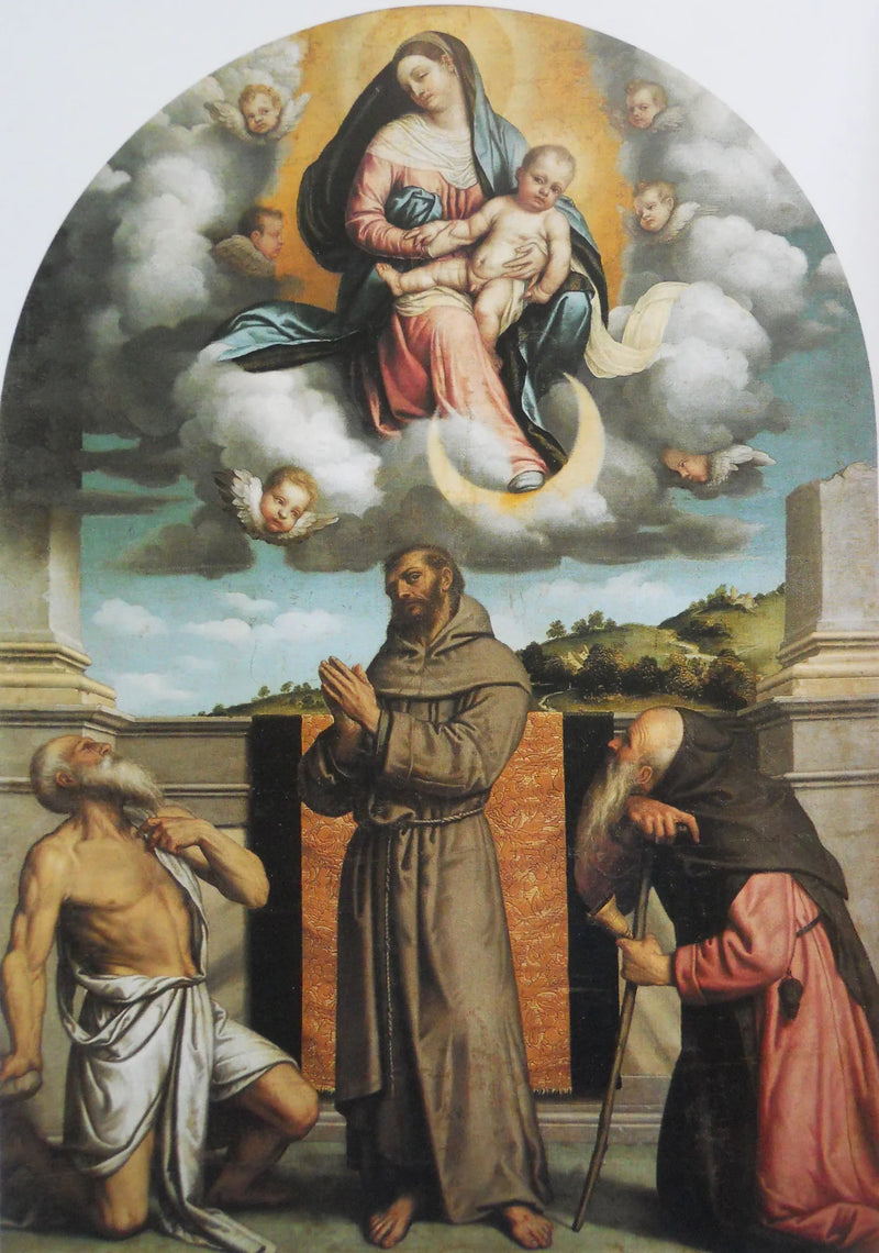 Dziewica z Dzieciątkiem w chwale z świętym Jerzym, świętym Franciszkiem z Asyżu i świętym Antonim z Padwy - Alessandro Bonvicino